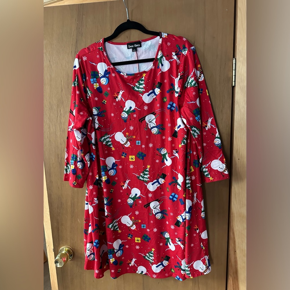 Dress Works Holiday dress/tunic. Perfect for layering. Snowman and tree pattern.